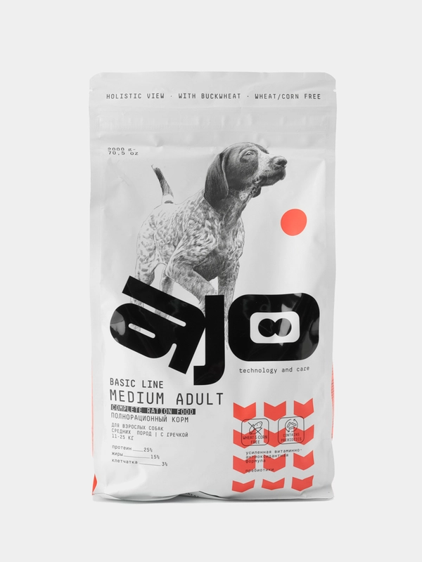 Сухой Pro корм для взрослых собак средних пород АЙО (AJO) Dog Medium Adult с гречкой