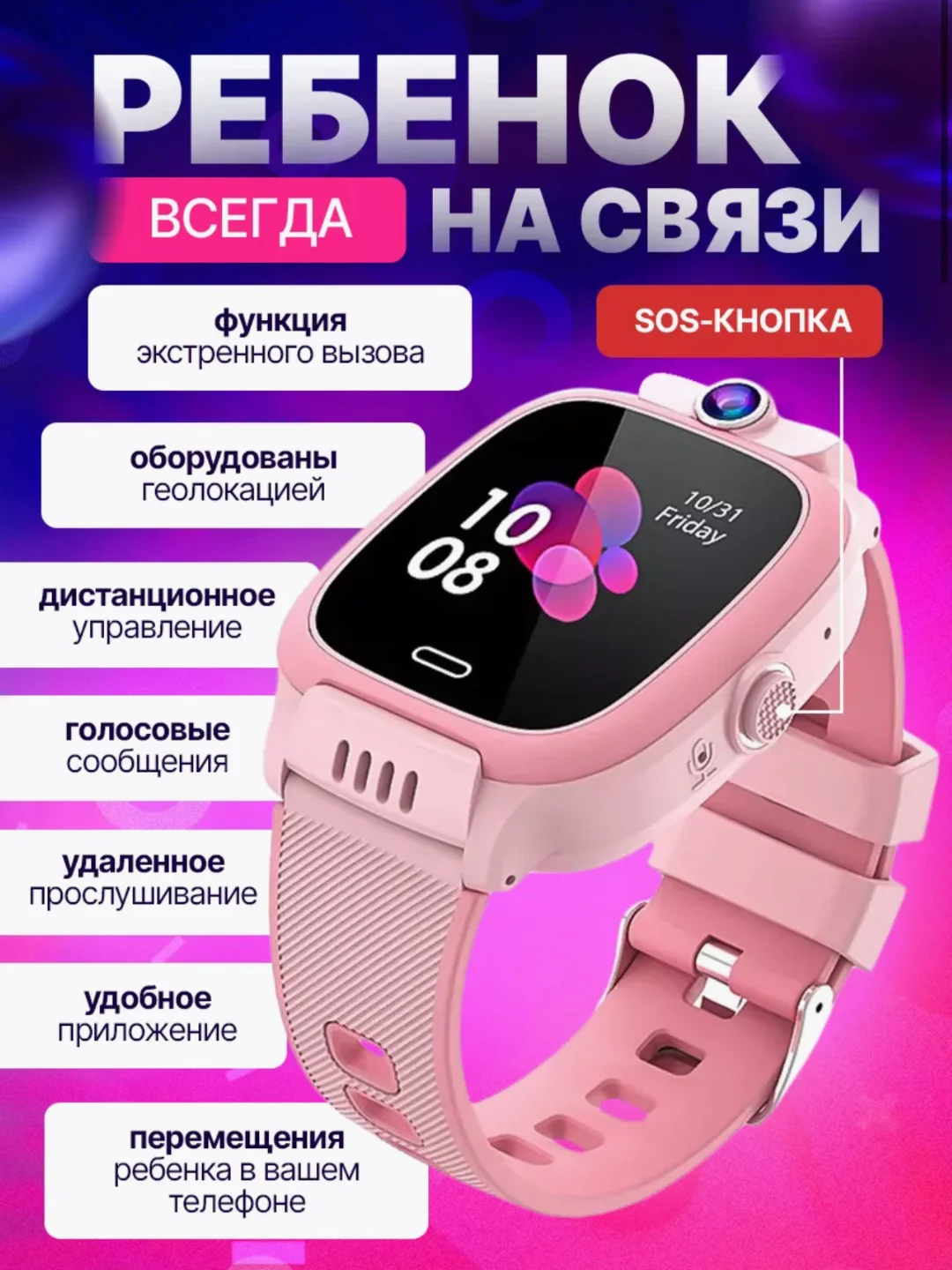Розовый детские умные часы Y31 с GPS, сим картой и прослушкой