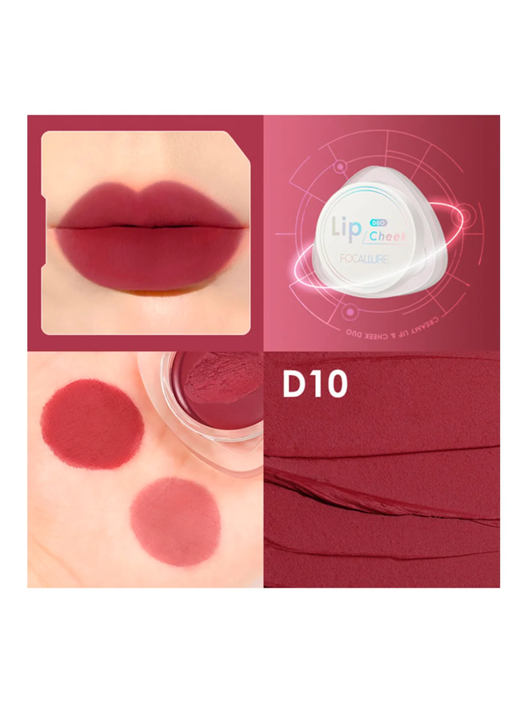 FOCALLURE Кремовые румяна помада Creamy Lip & Cheek Duo тон D10, 5 г