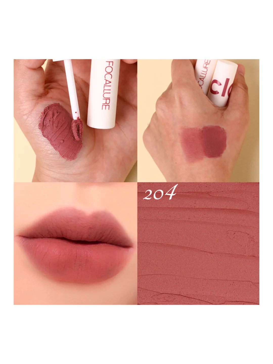 FOCALLURE Помада для губ жидкая матовая Clay Pillowy Soft Liquid Lipstick тон 204, 2 г
