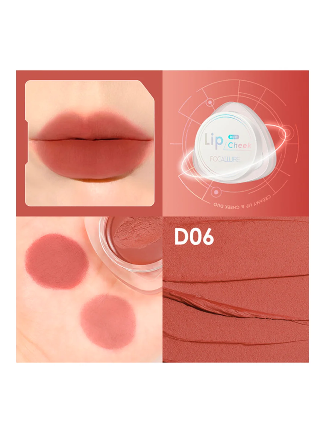 FOCALLURE Кремовые румяна помада Creamy Lip & Cheek Duo тон D06, 5 г