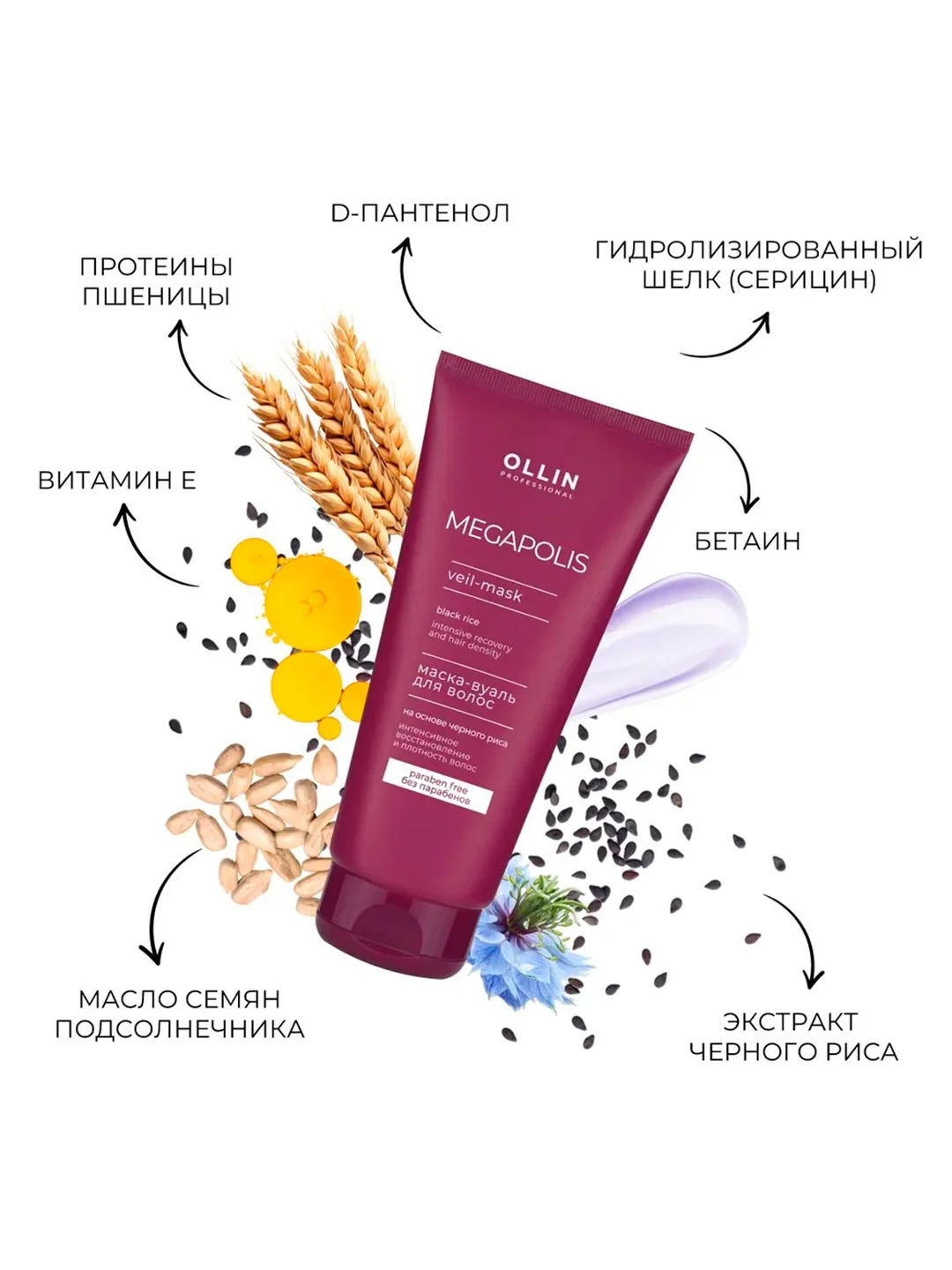 Маска-вуаль OLLIN PROFESSIONAL MEGAPOLIS, для восстановления волос, черный рис, 200 мл