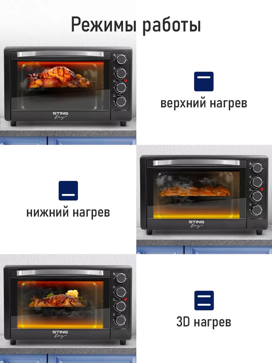 Черный духовой шкаф STINGRAY ST-EO102A (50 литров, шашлычница+вертел+конвекция) серый жемчуг