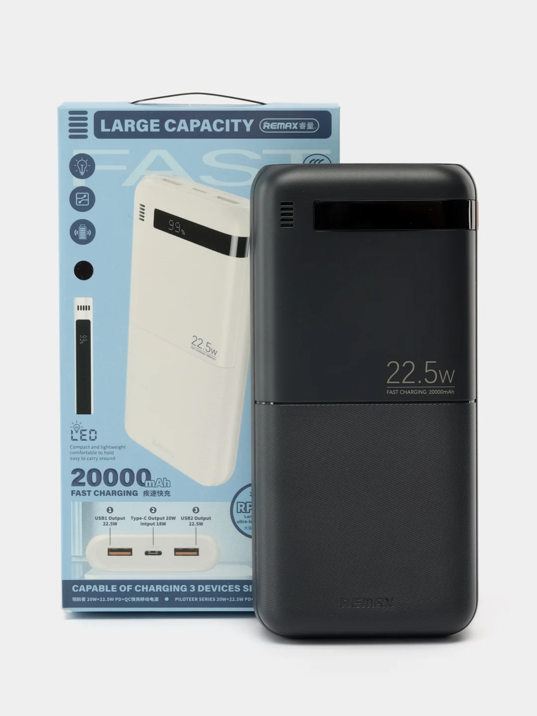 Черный внешний аккумулятор 20000mah, 22,5W, Повербанк, Powerbank Remax, портативная зарядка