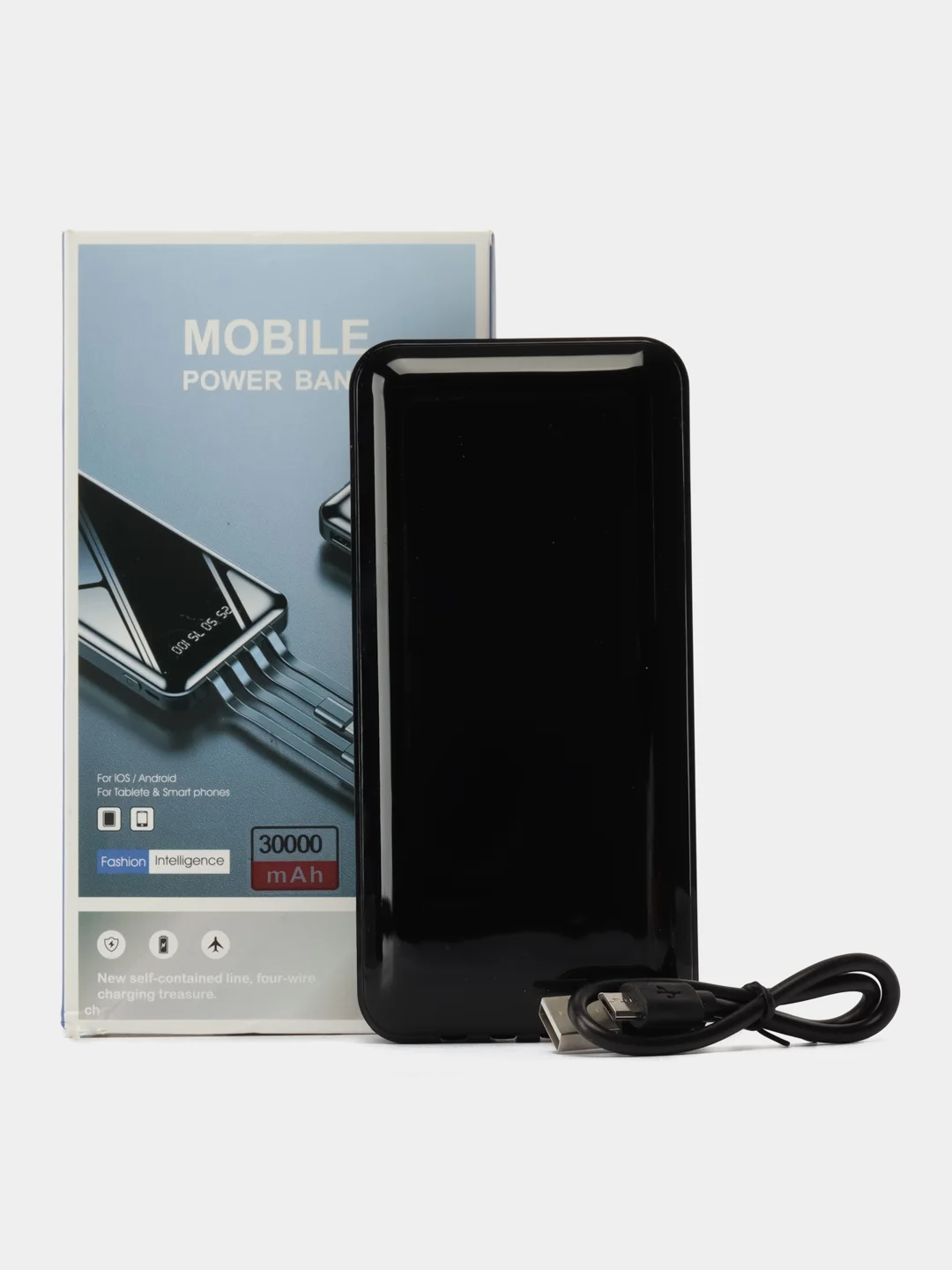 Повербанк 30000 со встроенными кабелями lightning, USB, USB Type-c, microUSB