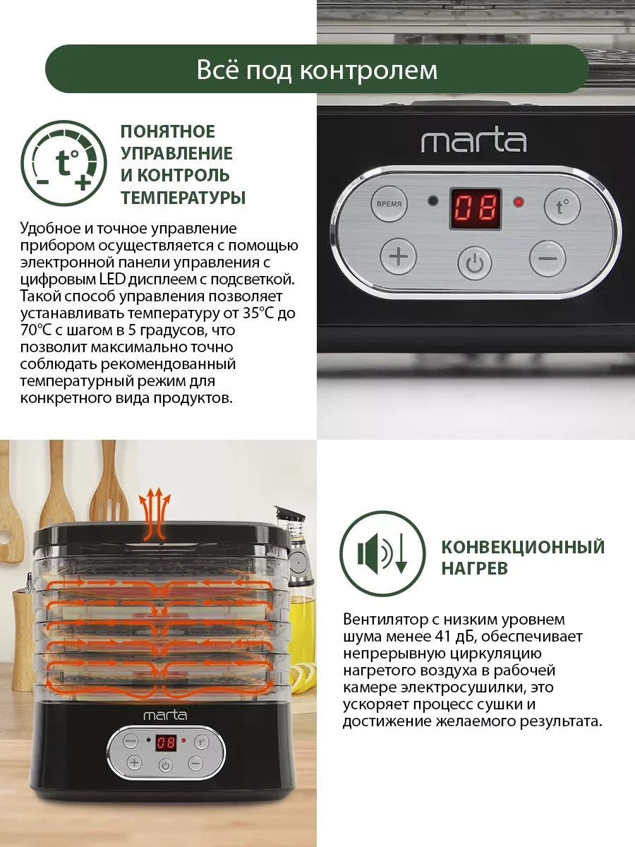 Черный сушилка для овощей и фруктов MARTA MT-1944 5 поддонов 24х26 см, черный жемчуг