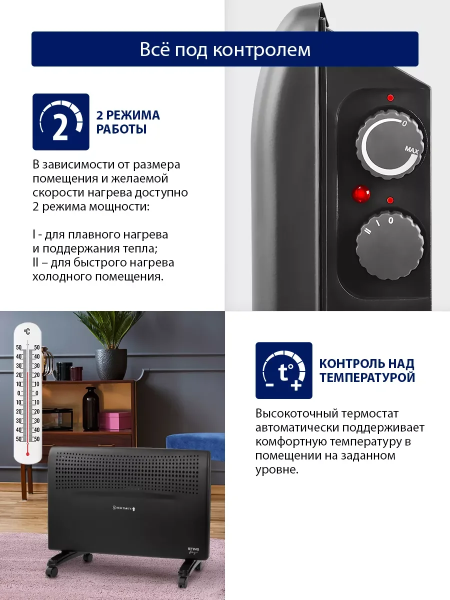 Черный конвекционный обогреватель STINGRAY ST-CH1022B с креплением для настенного монтажа/2400Вт