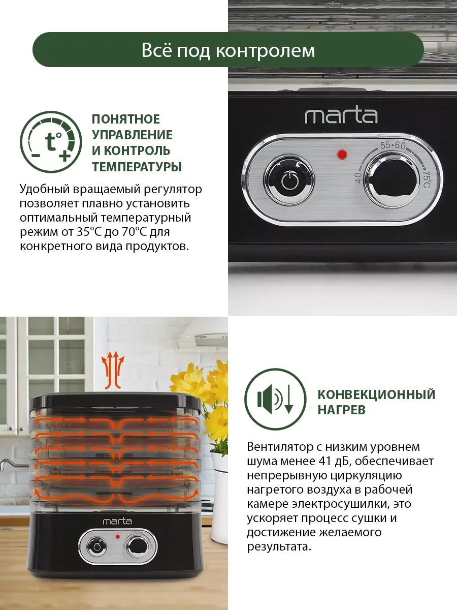 Черный сушилка для овощей и фруктов MARTA MT-1945 5 уровней 24х26 см, черный жемчуг
