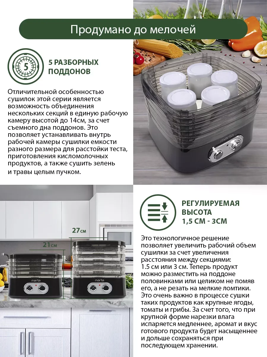 Черный сушилка для овощей и фруктов MARTA MT-1945 5 уровней 24х26 см, черный жемчуг