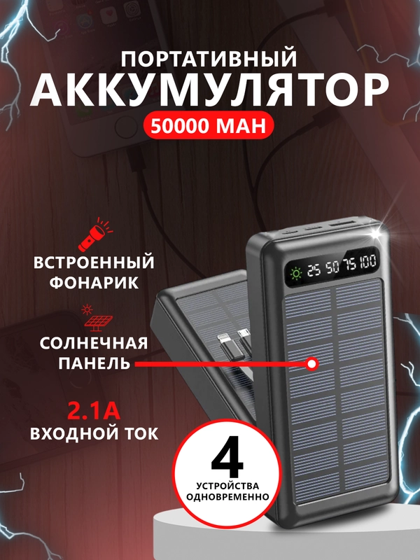 Power Bank 50000 внешний аккумулятор с быстрой зарядкой 22.5W и встроеными кабелями