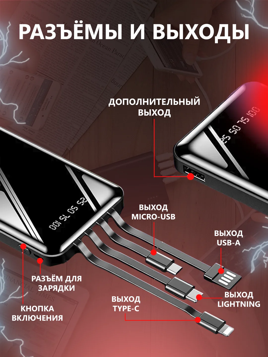 Повербанк 30000 со встроенными кабелями lightning, USB, USB Type-c, microUSB