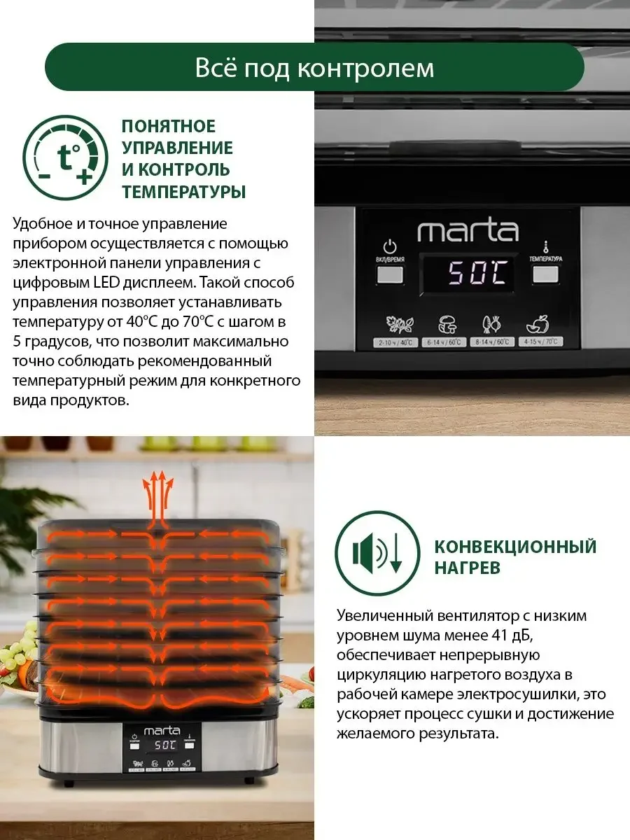Черный сушилка для овощей и фруктов, пастилы MARTA MT-FD1887B, 12 поддонов, размер 33х25,5 см