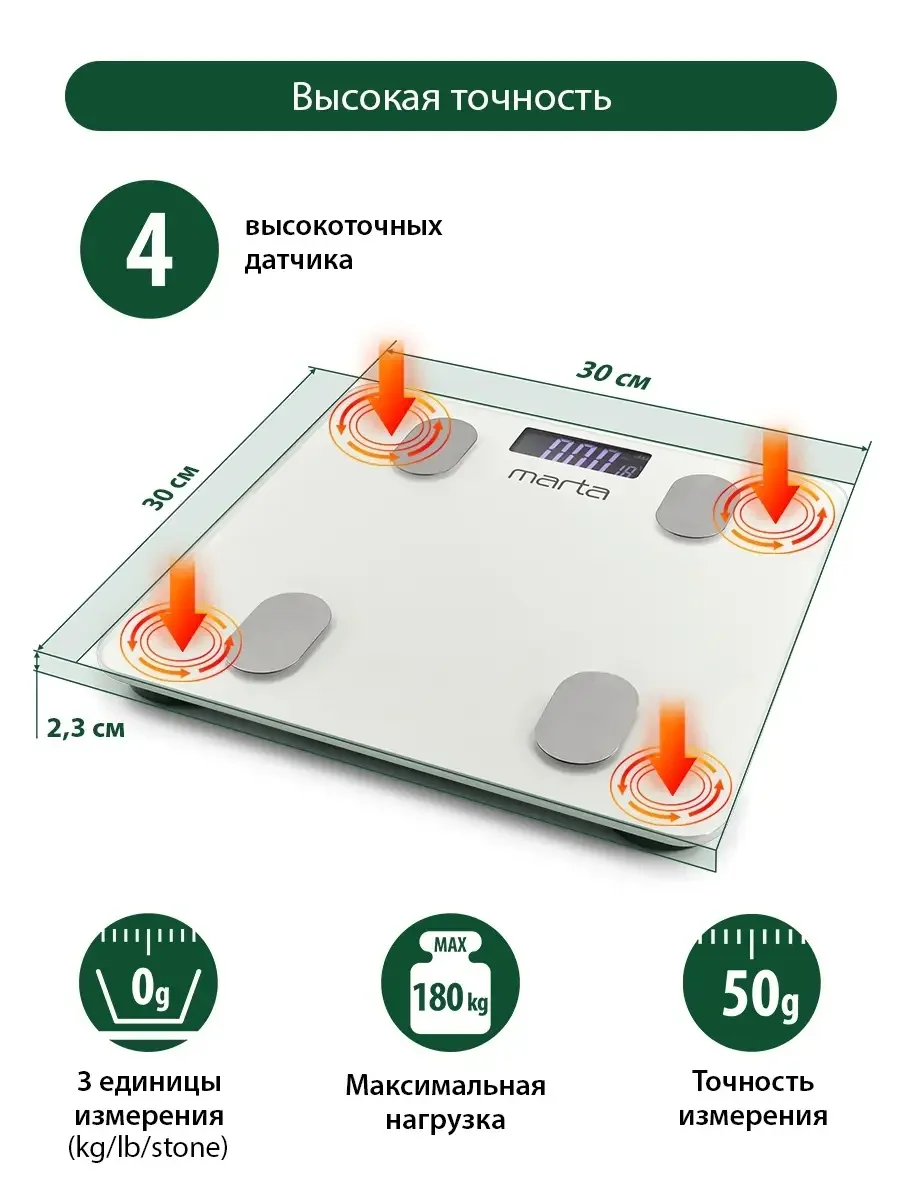 Белый умные диагностические весы MARTA MT-1607 max 180кг, 30x30 см, белый жемчуг