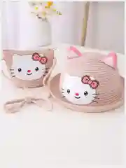 Пудровый детская соломенная шляпа и сумочка с котенком,комплект,  детская панама
