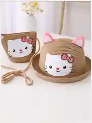 Бежевый детская соломенная шляпа и сумочка с котенком,комплект,  детская панама