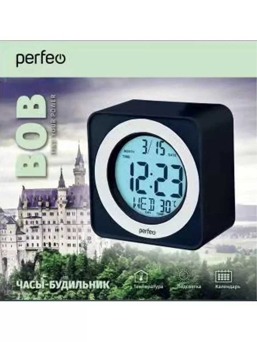 Черный часы-будильник Perfeo "Bob", (PF-F3616) время, температура