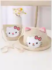 Молочный детская соломенная шляпа и сумочка с котенком,комплект,  детская панама