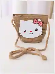 Бежевый детская соломенная шляпа и сумочка с котенком,комплект,  детская панама