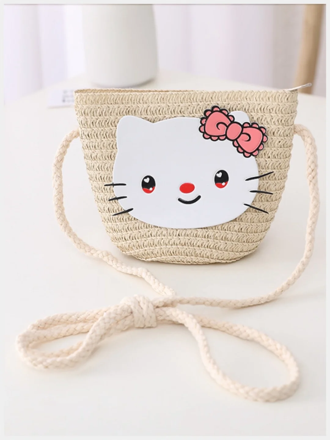 Молочный детская соломенная шляпа и сумочка с котенком,комплект, детская панама