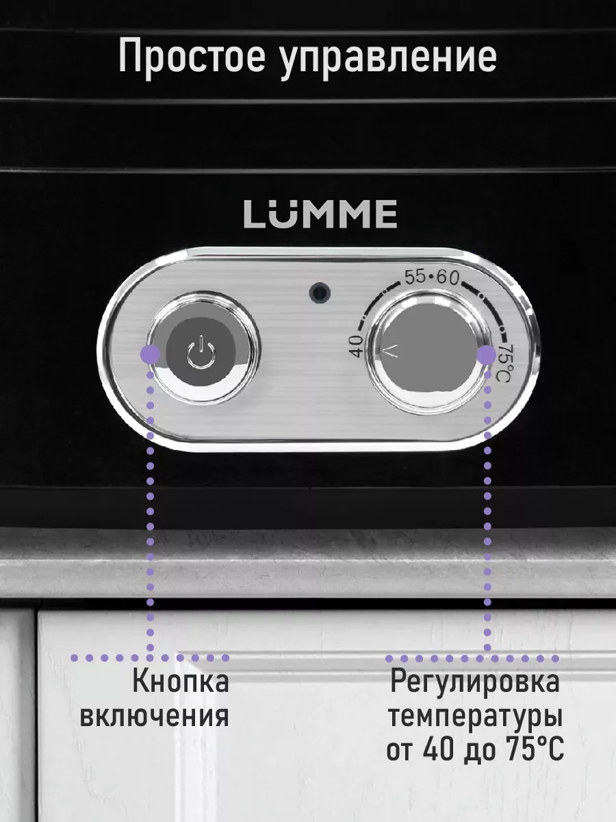 Черный сушилка для овощей и фруктов LUMME LU-FD1854A со встроенным вентилятором, 4 уровня, чёрный