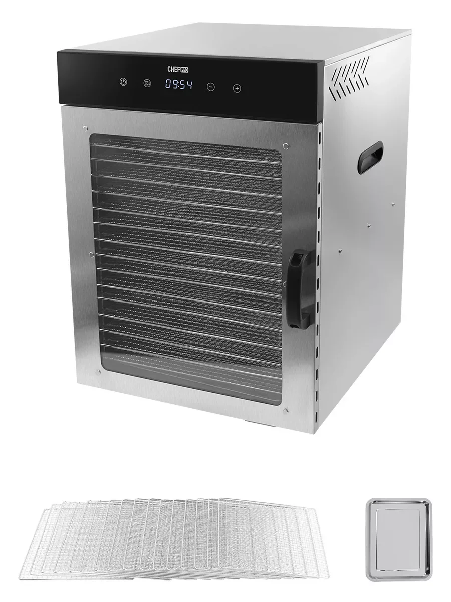 Черный сушилка для овощей и фруктов CHEF PRO CF-FD801A с горизонтальным обдувом,16поддонов,черный