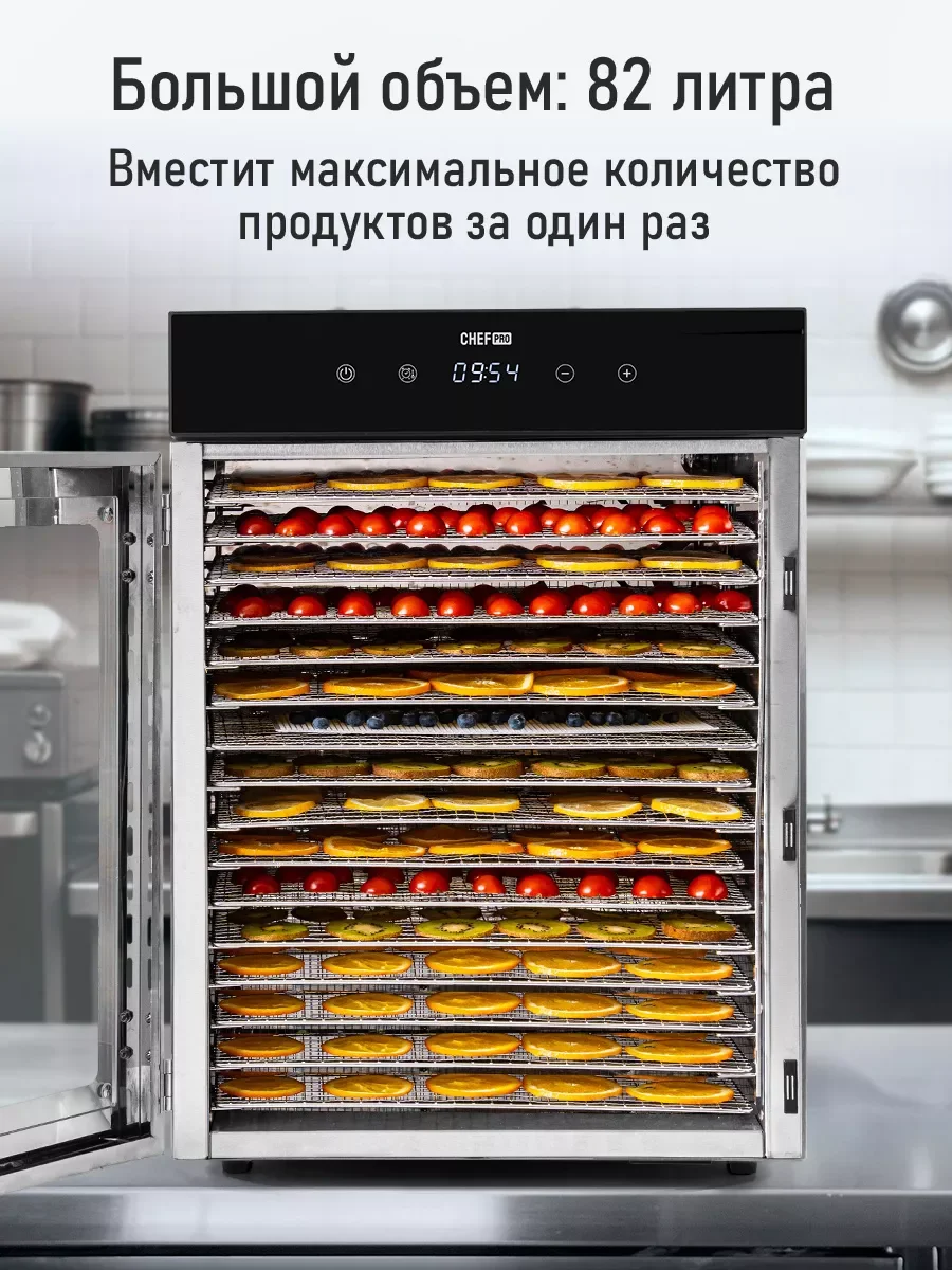 Черный сушилка для овощей и фруктов CHEF PRO CF-FD801A с горизонтальным обдувом,16поддонов,черный