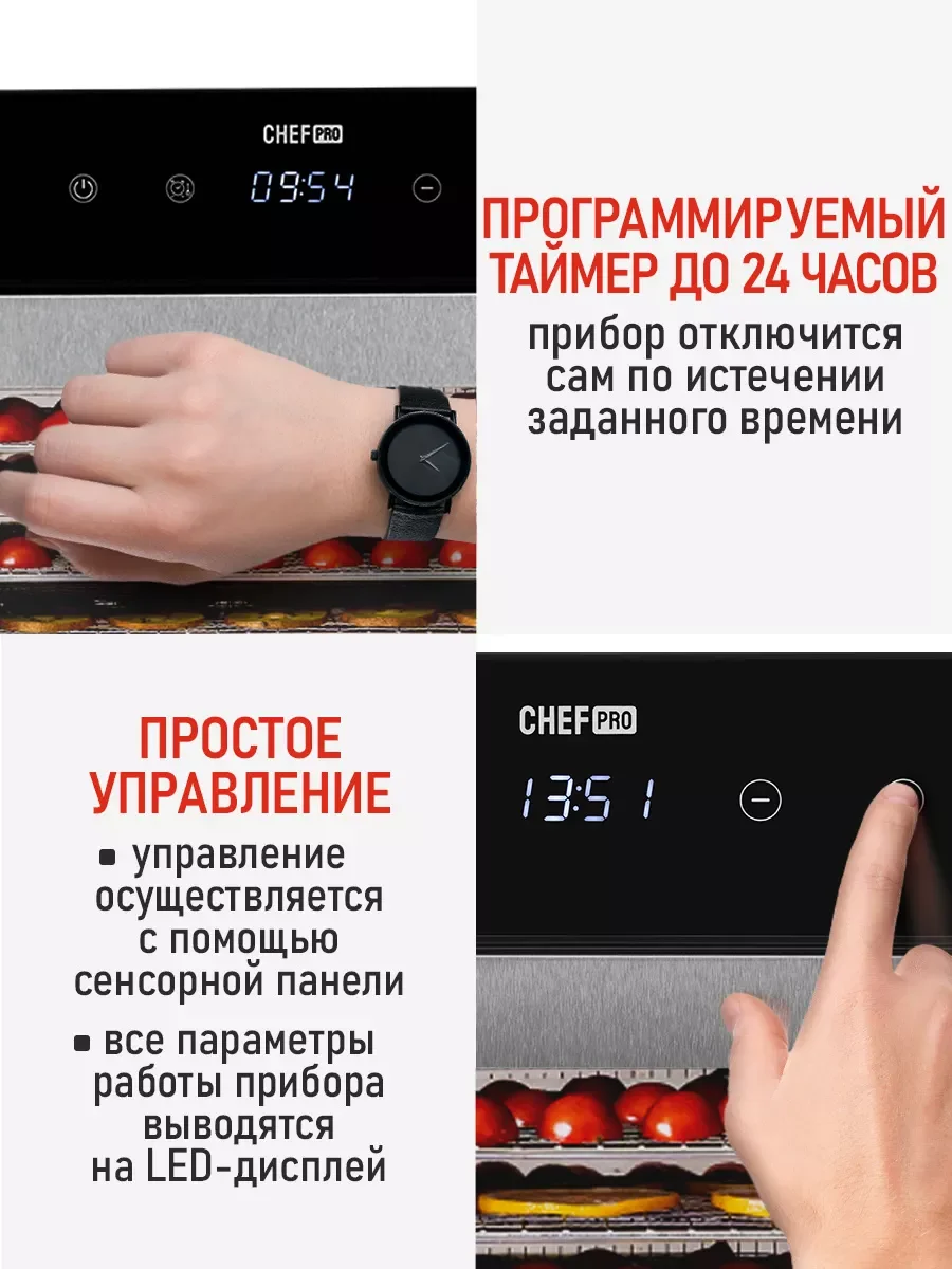 Черный сушилка для овощей и фруктов CHEF PRO CF-FD801A с горизонтальным обдувом,16поддонов,черный