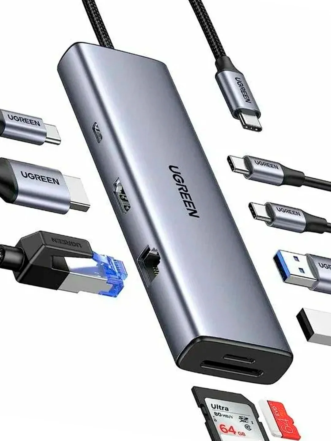 Серый конвертер UGREEN CM498 (15601) USB-C To 3*USB 30 A+HDMI+VGA+RJ45