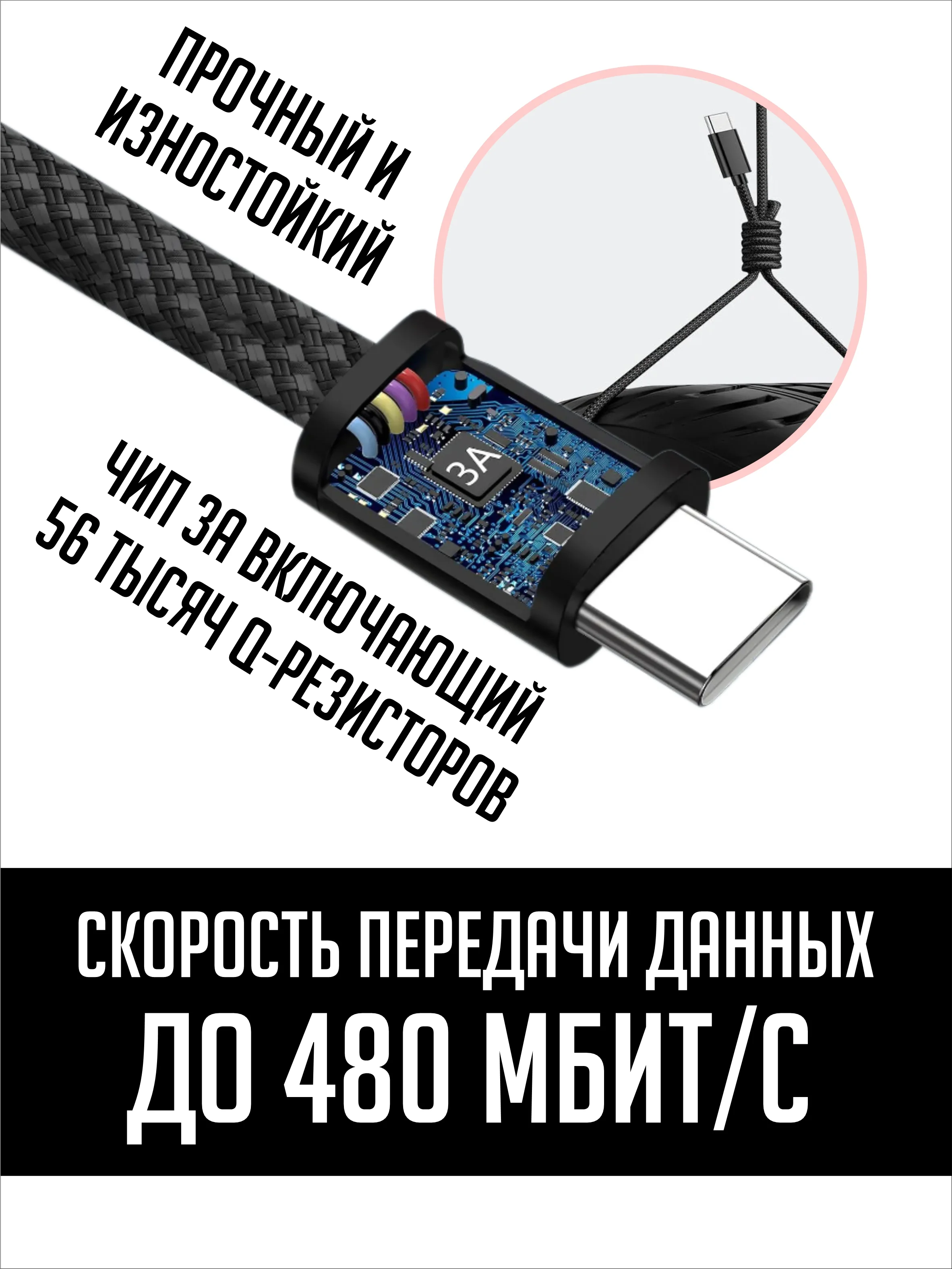 Черный кабель для зарядки Type-C - Type-C, магнитный, самосборный