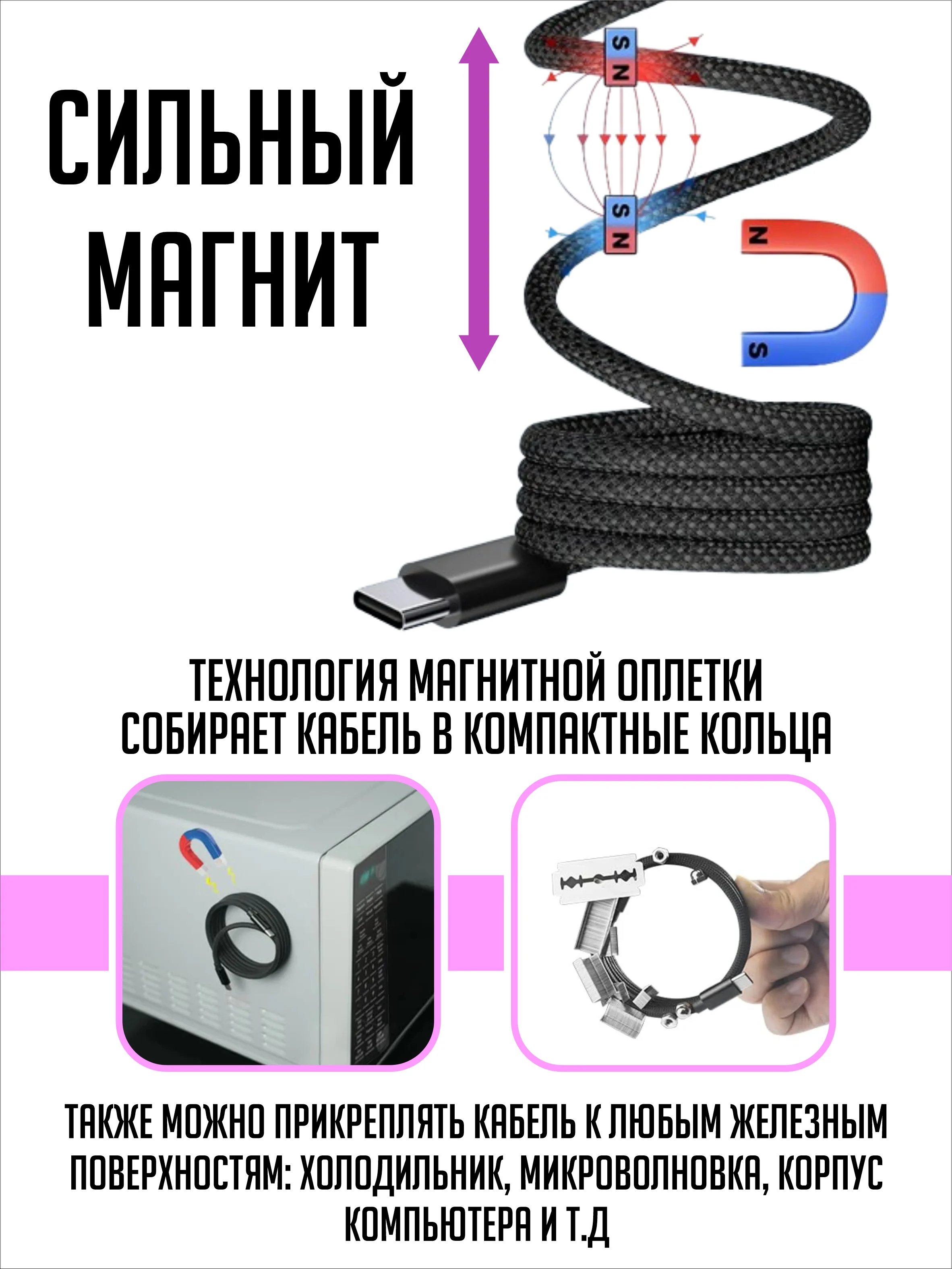 Черный кабель для зарядки Type-C - Type-C, магнитный, самосборный