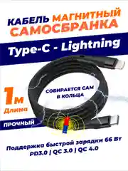 Черный кабель для зарядки USB Type-C - Lightning магнитный самосборный