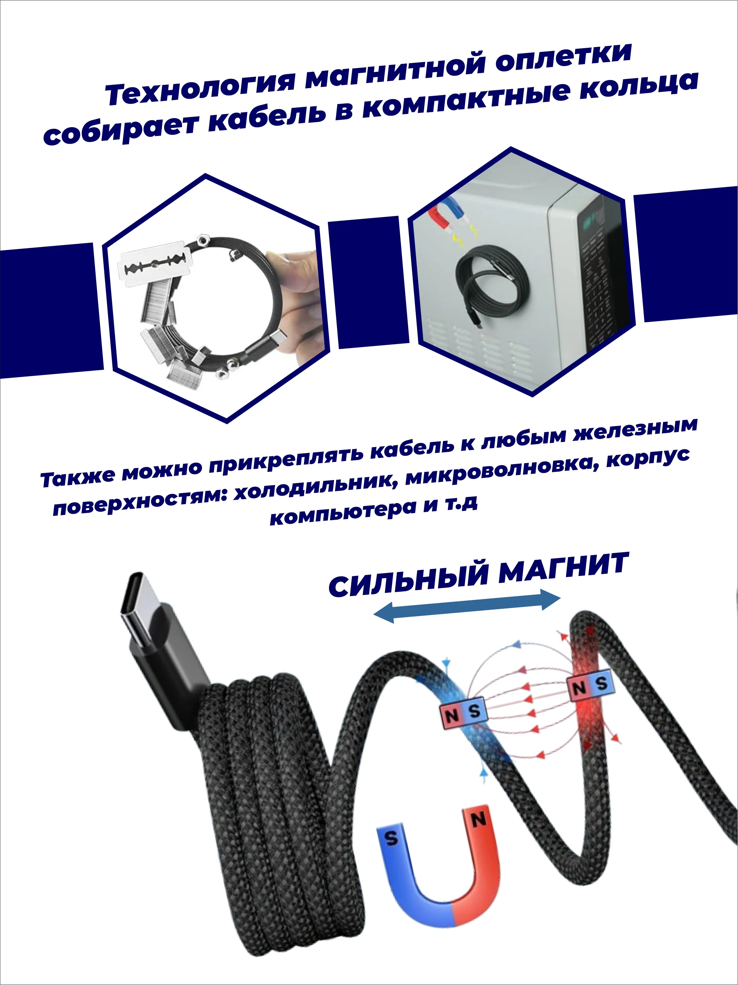 Черный кабель для зарядки USB Type-C - Lightning магнитный самосборный