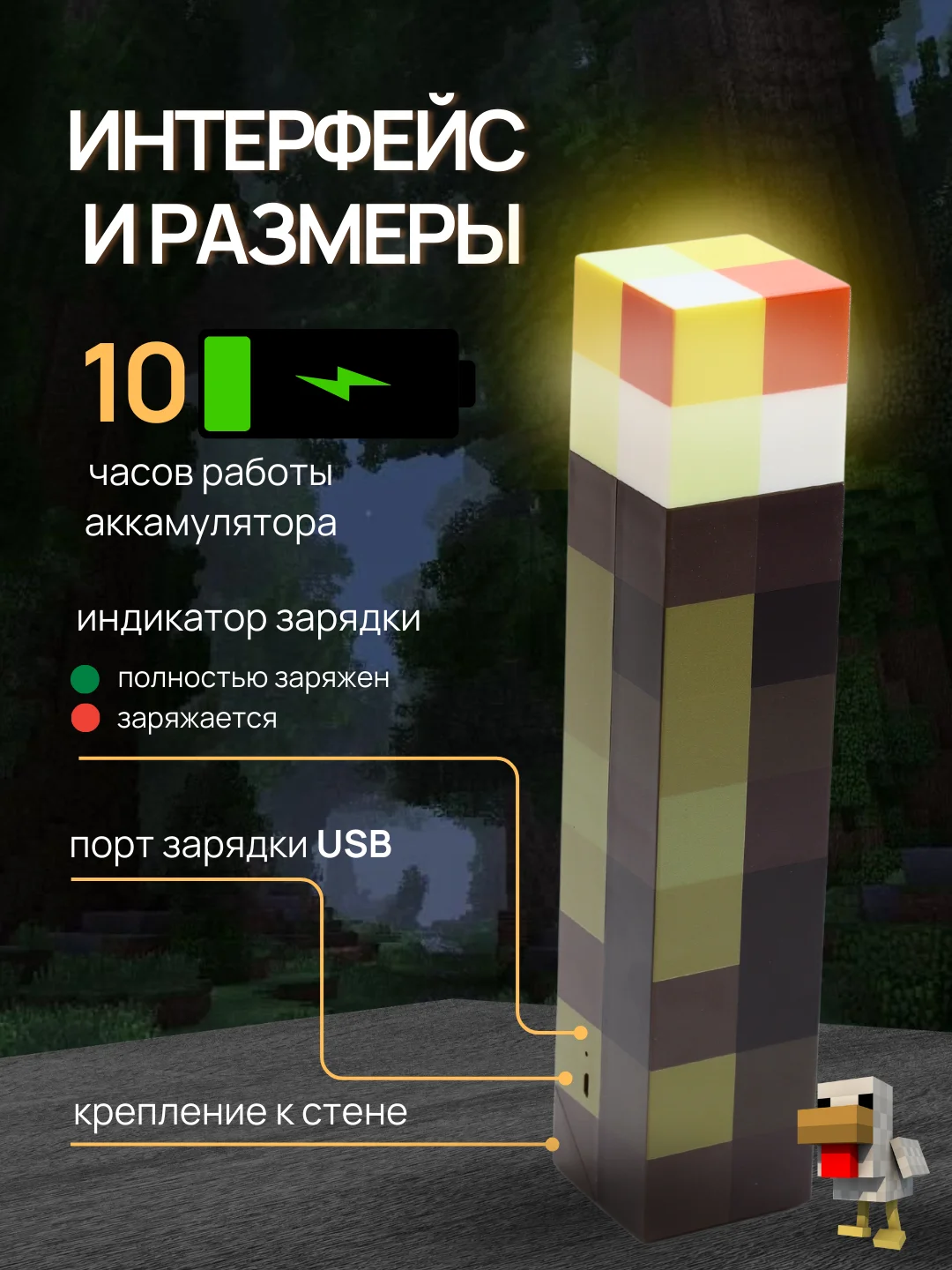 Серый детский ночник светильник майнкрафт колба, зелье, факел