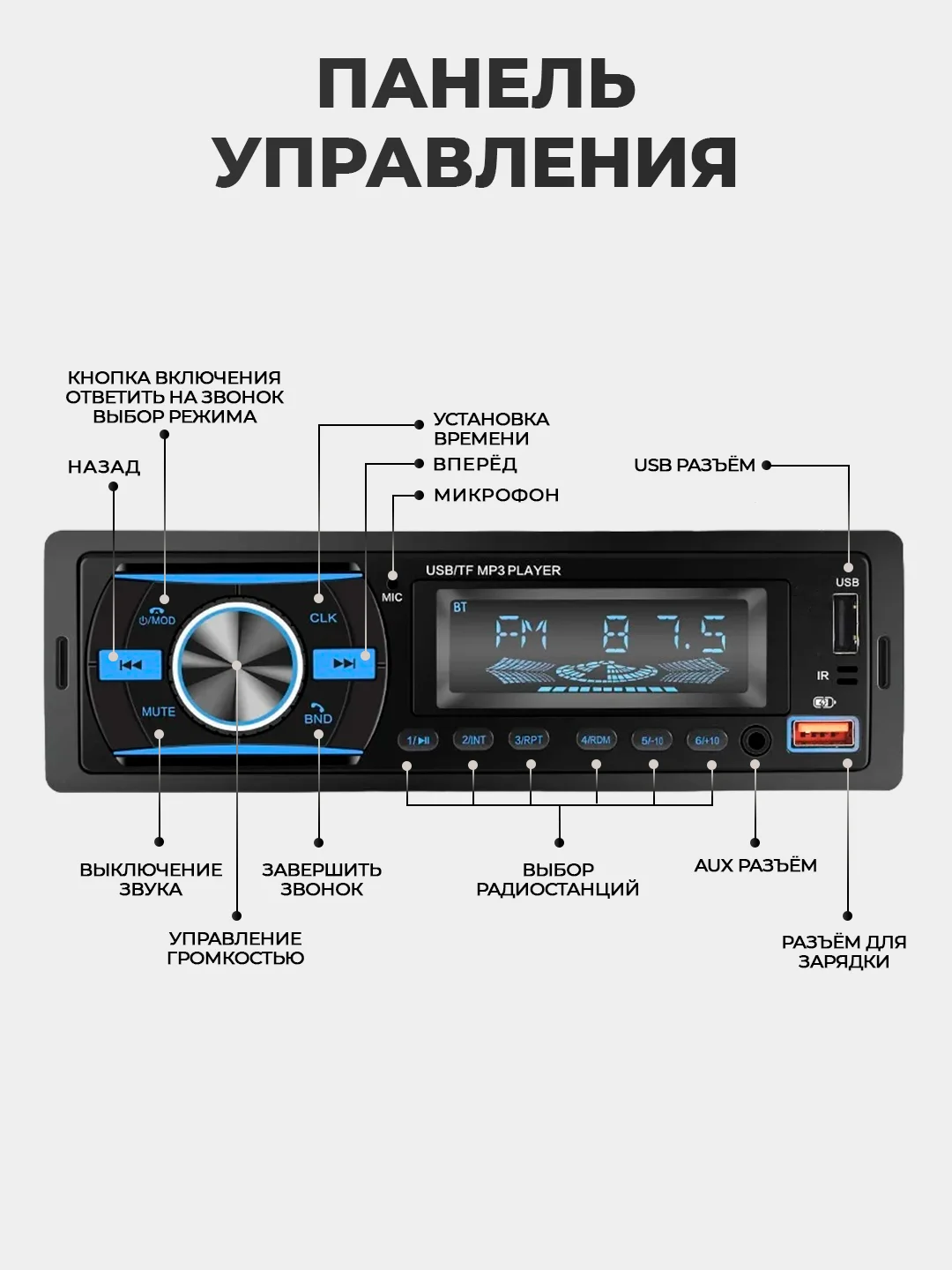 Магнитола 1 DIN с пультом ДУ, Bluetooth, USB, AUX