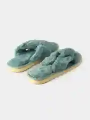 Тёмно-зелёный тапочки домашние женские, меховые, пушистые, открытые