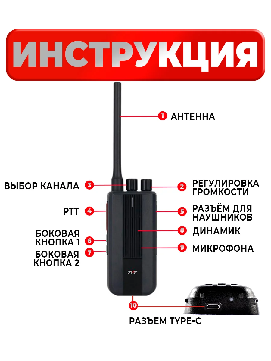 Портативная радиостанция TYT MD-619 10 Вт AES 256 бит, черная, радиус 10 км, UHF