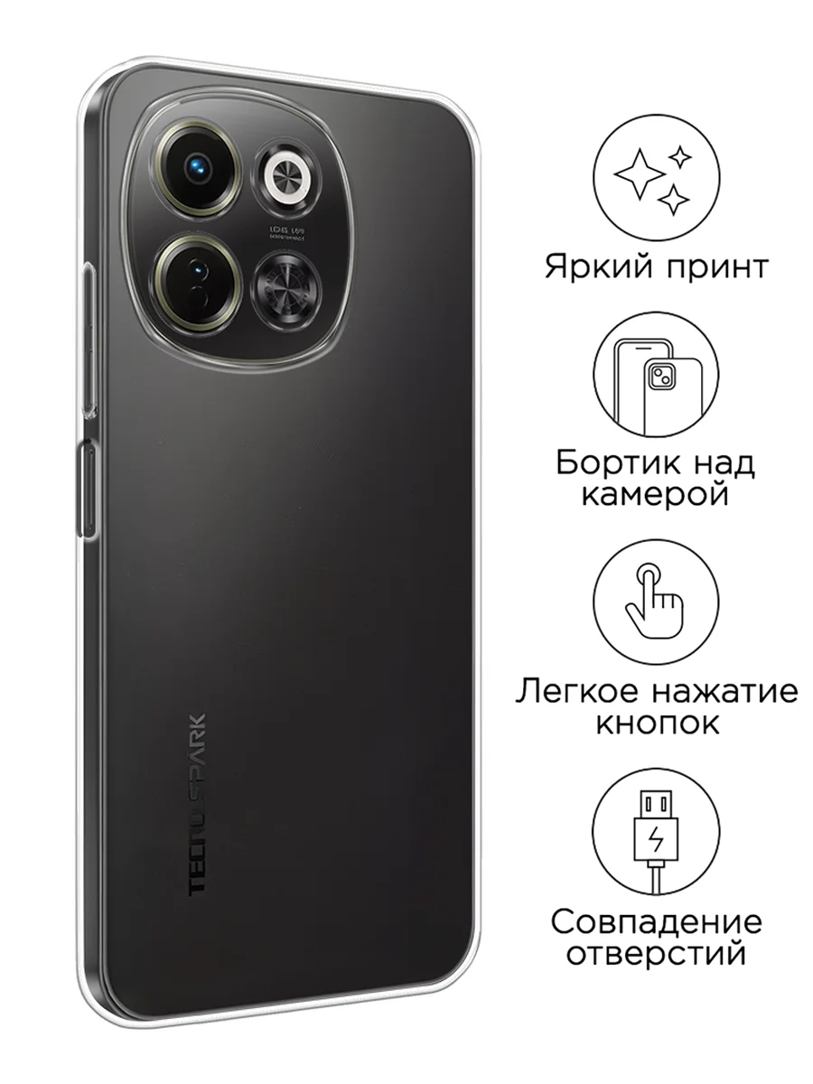 Прозрачный чехол на Tecno Spark 30 5G / Текно Спарк 30 5G прозрачный, с принтом, защита камеры