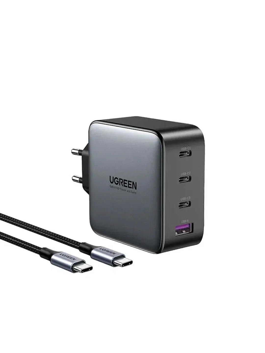 Серый сетевое зарядное устройство Ugreen CD226 USB-A+3*USB-C 100W GaN с кабелем 100W USB-C