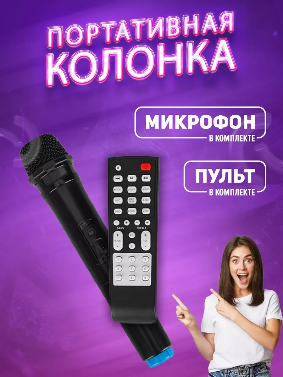 Колонка Bluetooth 619 2 х 6.5, 3600mAh + беспр.микрофон (Bluetooth/USB/TF/AUX/FM)