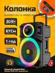 Черный колонка Bluetooth с LED-подсветкой ZQS 40Вт (USB/SD/AUX/FM) колёсики/ручка + микрофон/пульт