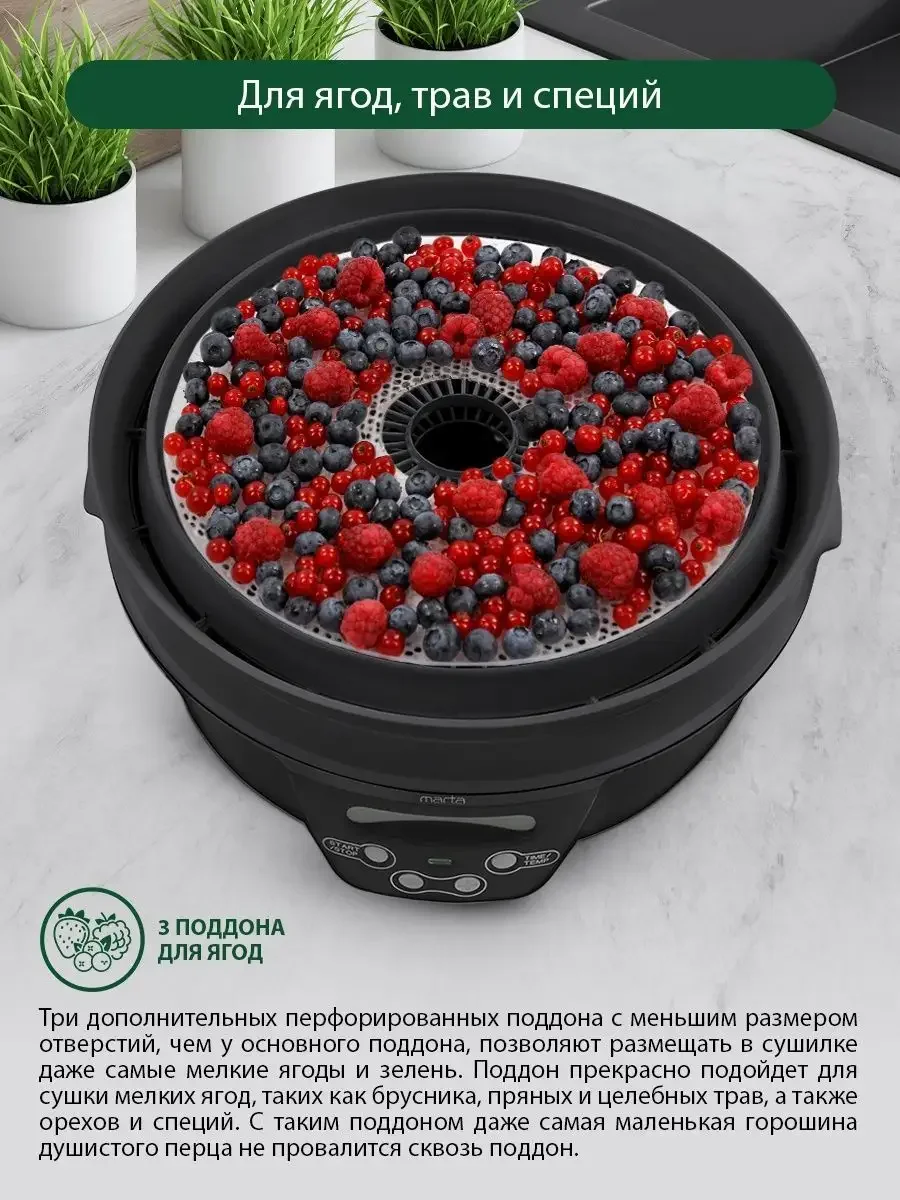 Черный сушилка для овощей и фруктов, пастилы MARTA MT-FD1888E, 12 поддонов, диаметр 32см