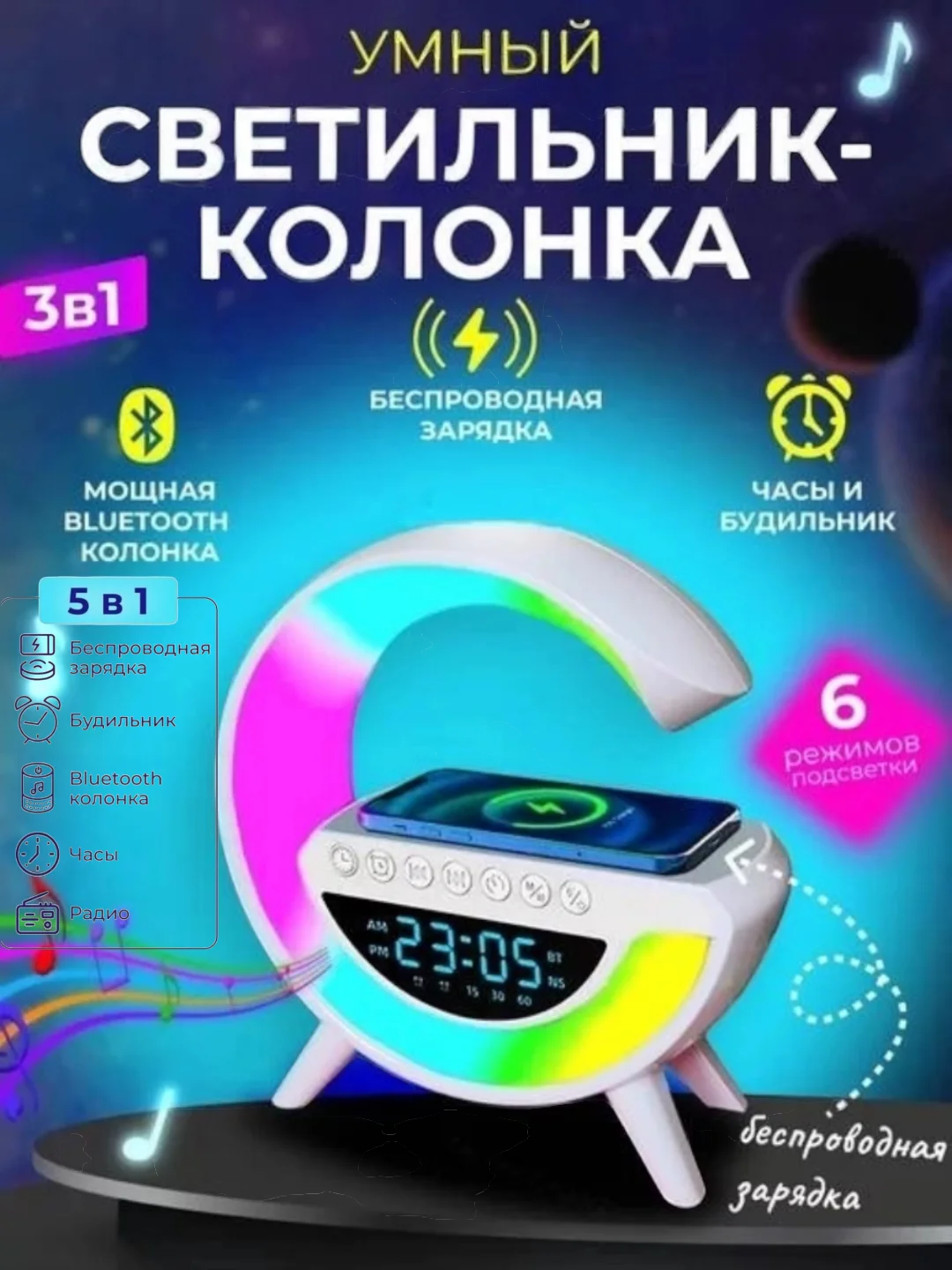Белый лампа RGB, Умный светильник с беспроводной зарядкой