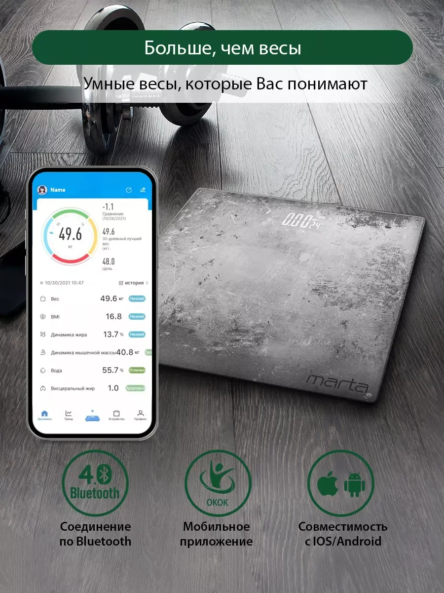 Серый умные диагностические весы MARTA MT-SC3605 , LED дисплей, Bluetooth, гранж