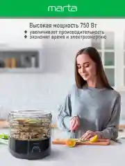 Черный сушилка для овощей и фруктов MARTA MT-FD1889A 6 поддонов/ 750 Ватт/ черный жемчуг