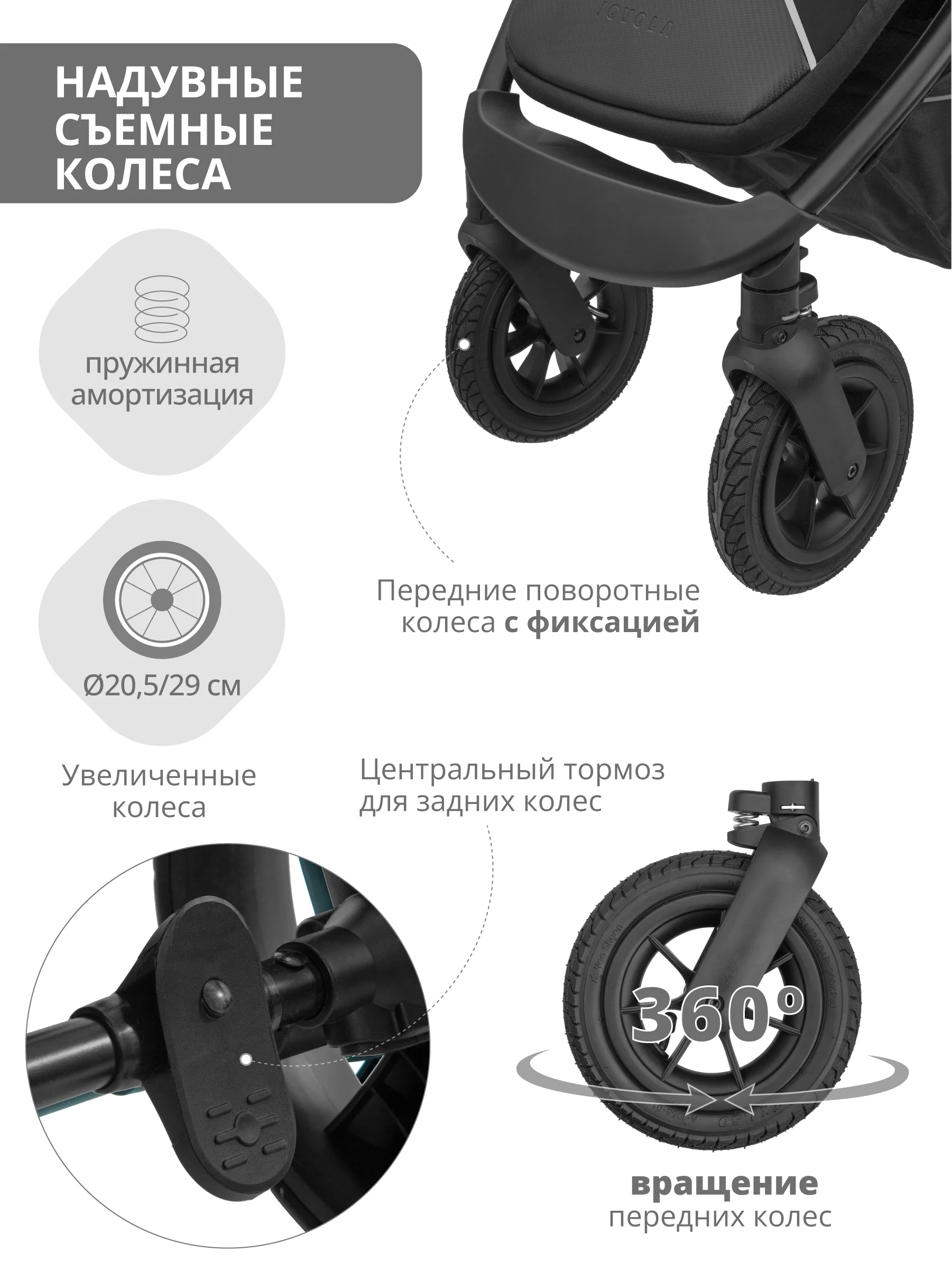 Черный коляска прогулочная JOVOLA SELENA AIR всесезонная надувные колеса