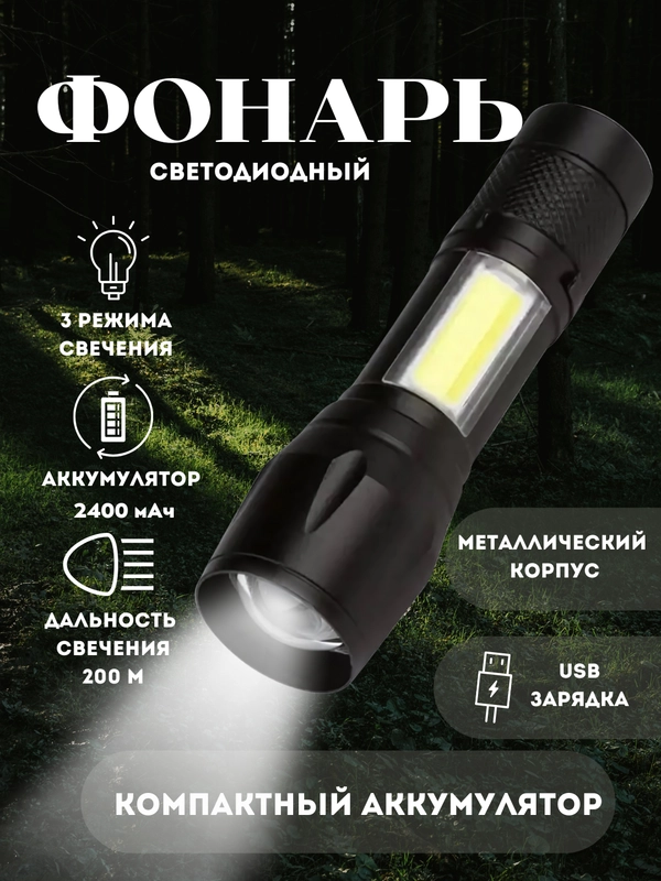 Мини фонарь ручной светодиодный с зумом,Фонарик  аккумуляторный с USB кабелем