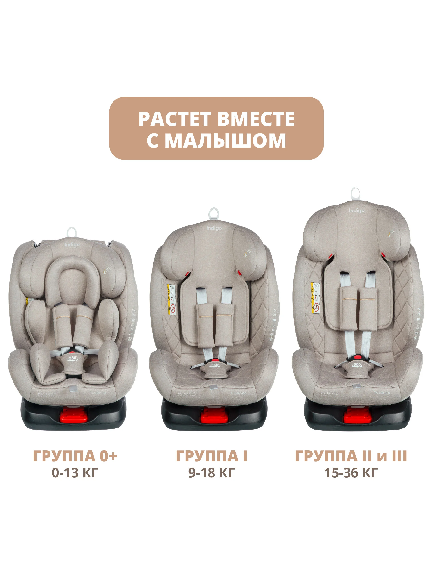 Бежевый автокресло детское Indigo Tourneo KBH308 ISOFIX растущее универсальное поворотное, 0-36 кг