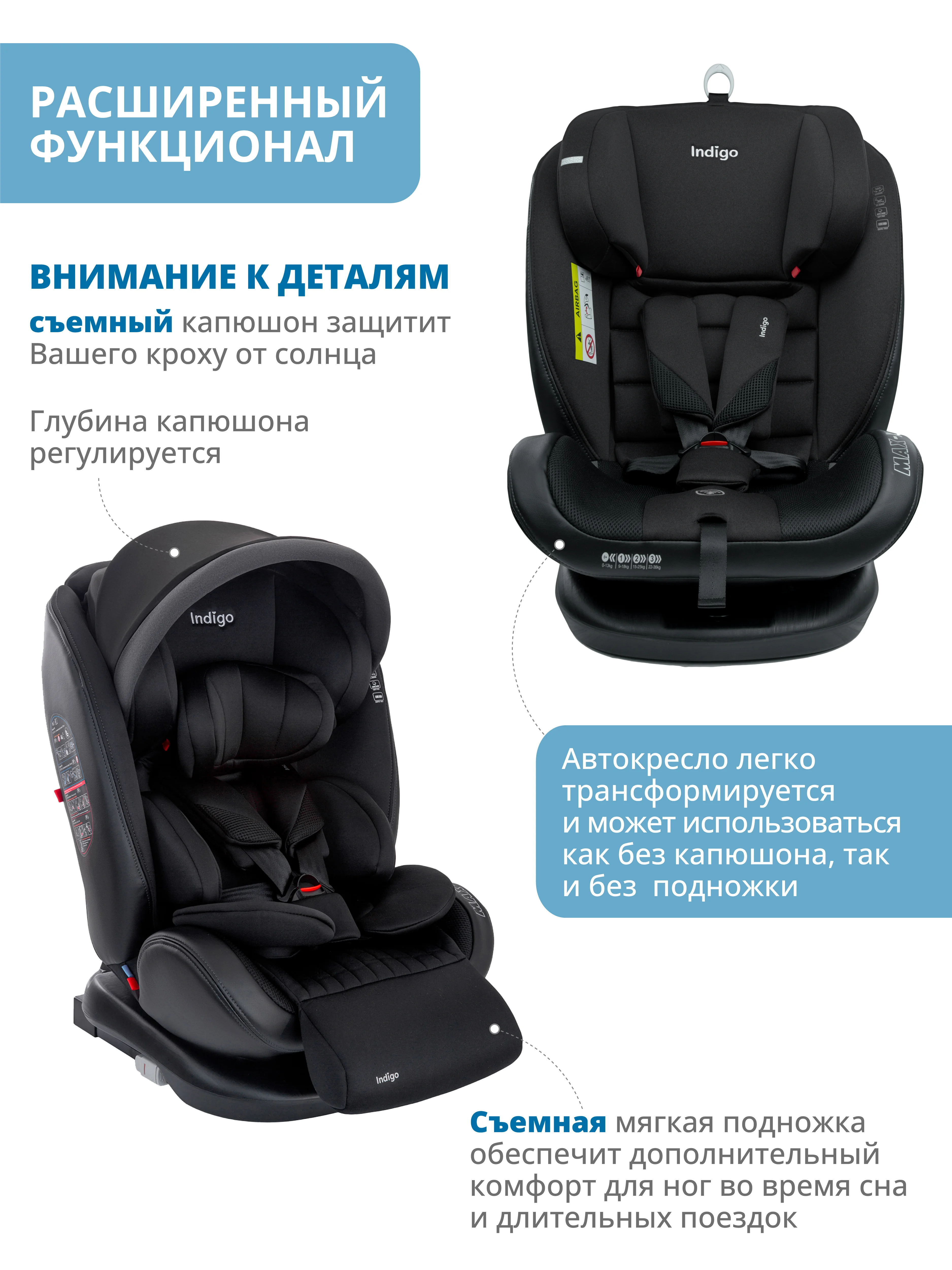 Черный автокресло детское Indigo MAX-X ST-3 Isofix растущее 0-36 кг