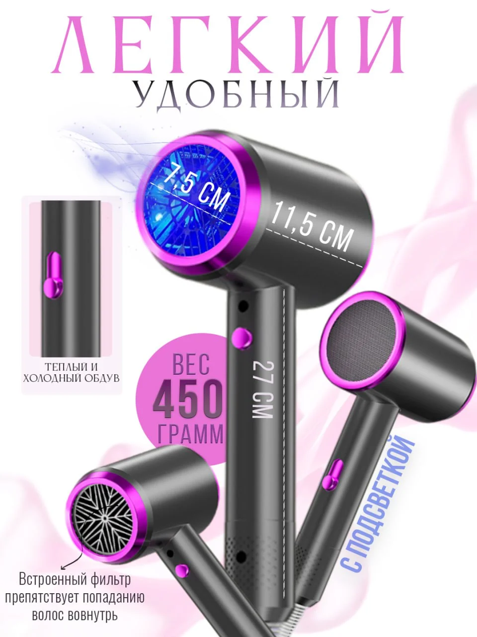Профессиональный фен для волос, мощный, с ионизацией, 1500Вт
