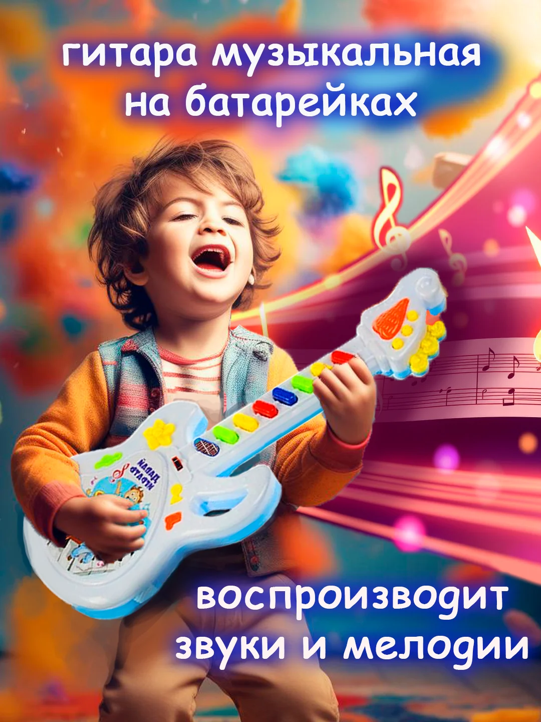 Детская гитара музыкальная, на батарейках. Игрушка электронная